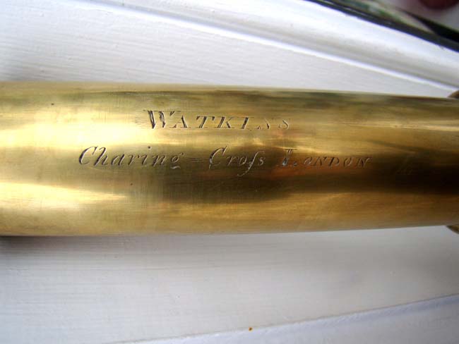 A long (50") 18th century mahogany barreled single-draw Captain's telescope by Walter & Jeremiah Watkins, Charing Cross, London, circa 1790. — image 2